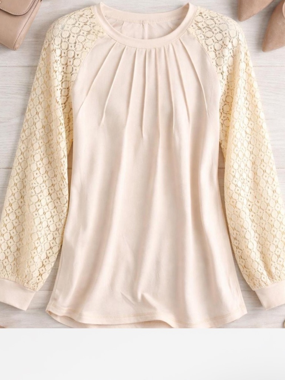 Cream Lace-Sleeve Long Sleeve Top - Women's